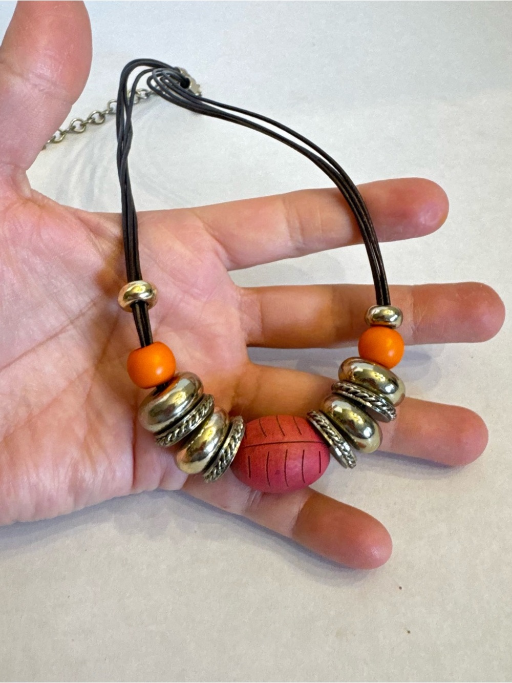 Chico's Necklace Orange Gold Beaded Chunky Leather Multi Stand Statement Jewelry - Picture 15 of 15